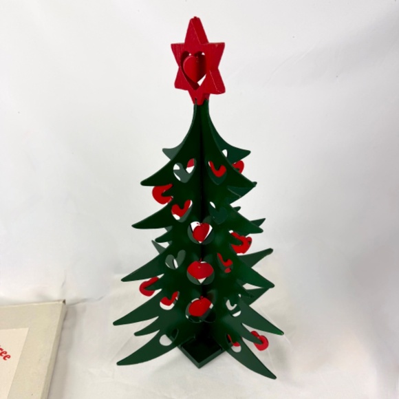 Vintage Dept 56 Wooden Cut Out Heart Tree Christmas Green Red Scandinavian Style - Picture 2 of 13